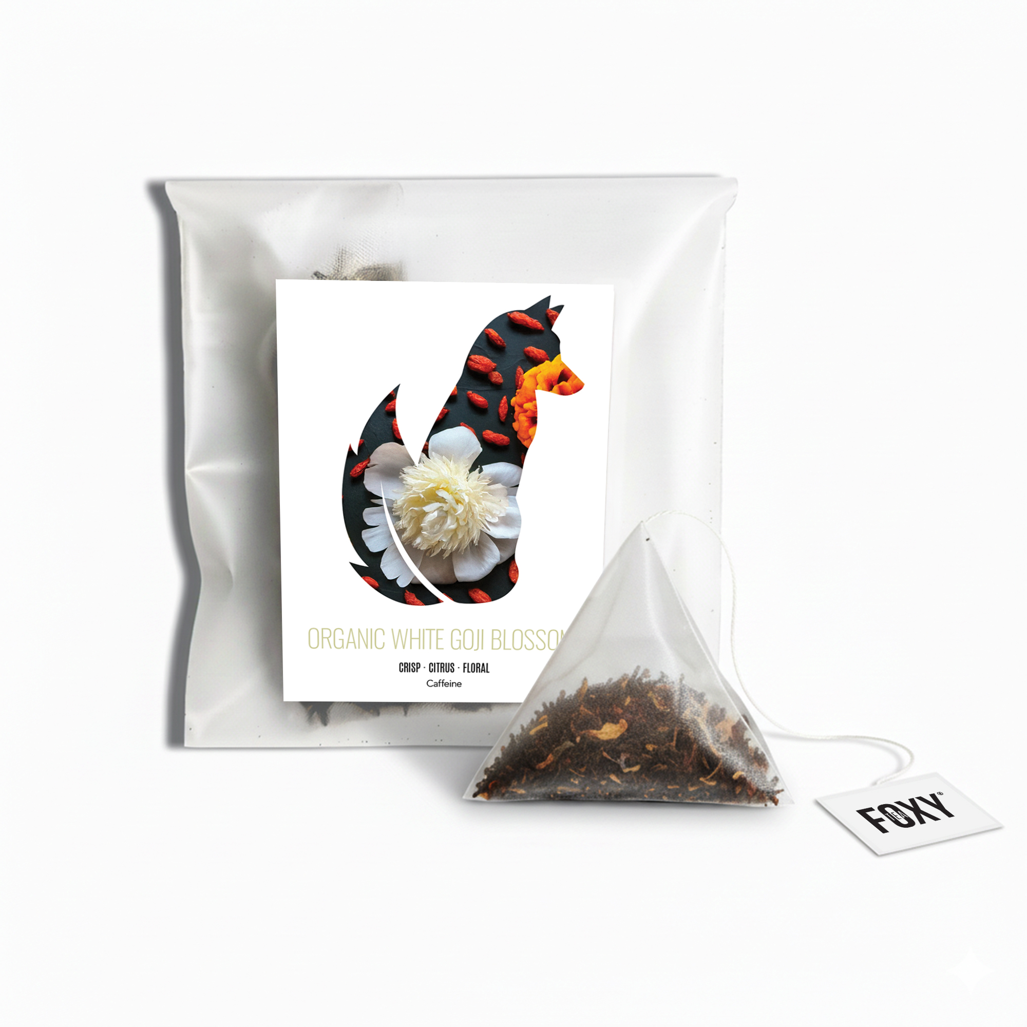 Tea Storage Box for Foxy Tea Single Serve Tea Bags White Goji Blossom Single Serve Loose Leaf Pyramid Tea Bag