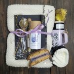 Lavender mug with cream blanket, tea gift box