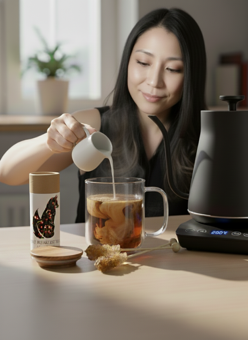 A woman adds creamer to her tea