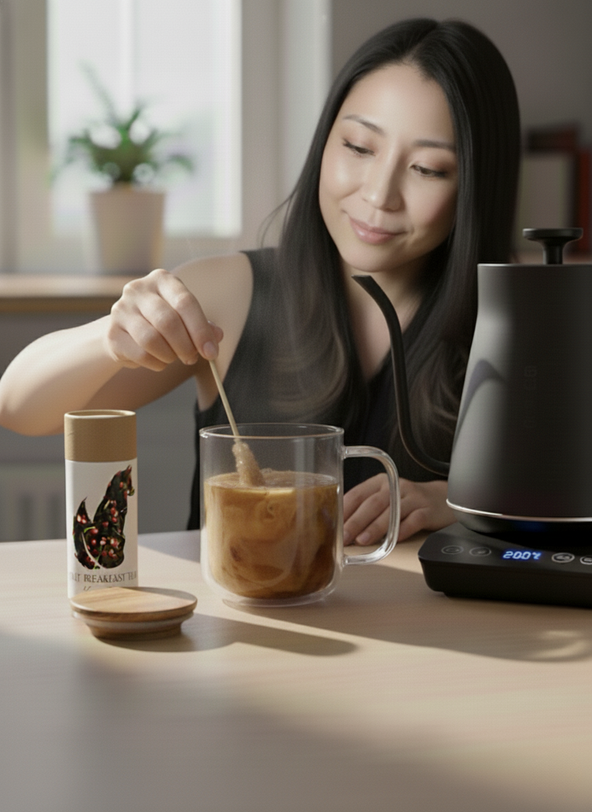 A woman adding sugar to her tea