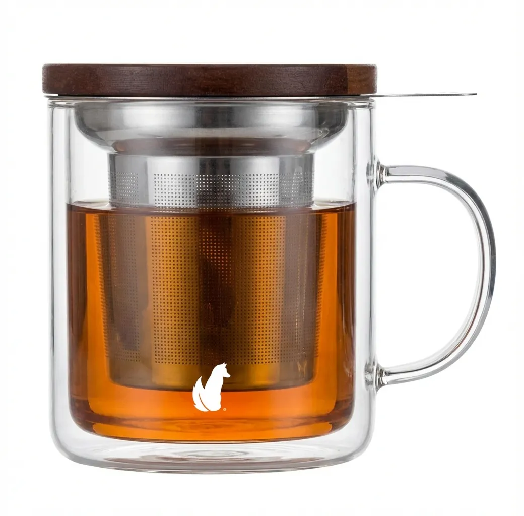 double walled tea mug with infuser Double walled glass tea mug with lid and infuser